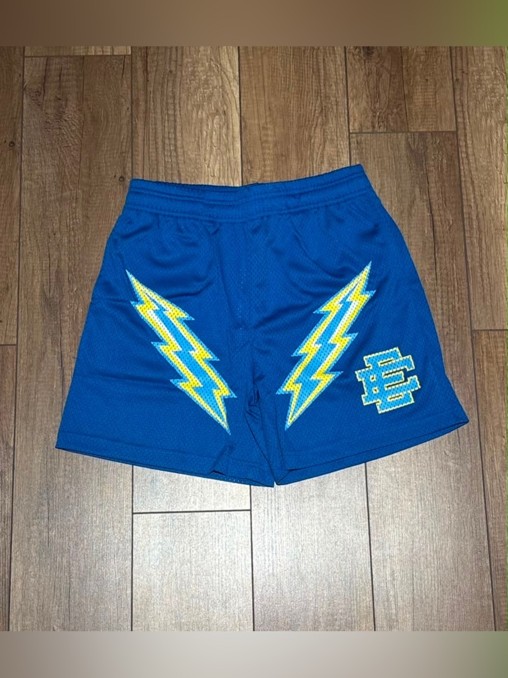 Eric Emanuel EE Royal Blue Mesh Shorts with Yellow Lightning Bolts Mens Size S